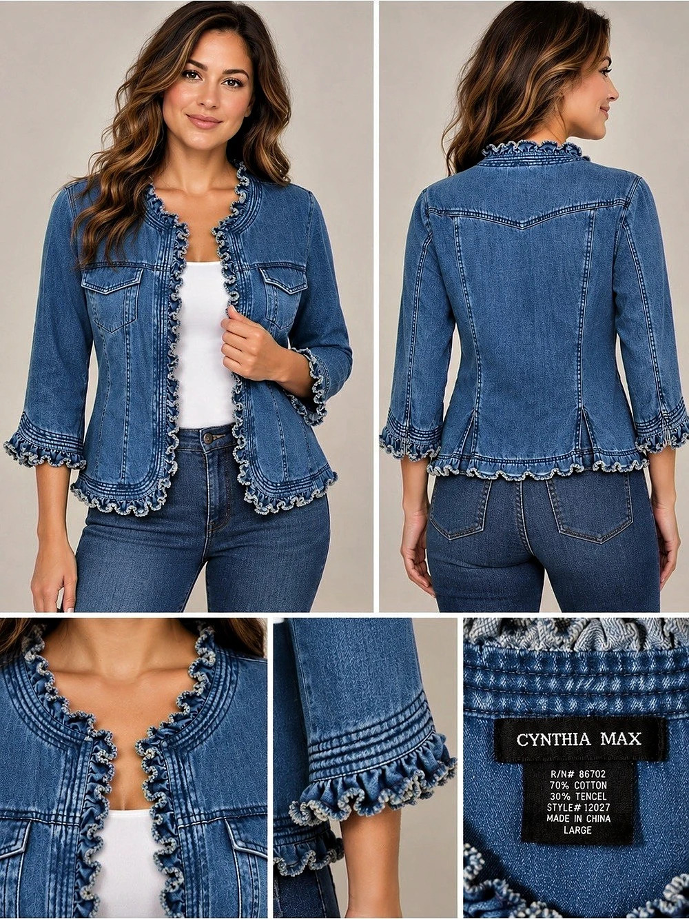Cynthia Max Denim Ruffle Jacket Blue Tencel Cotton Open Front Size Large
